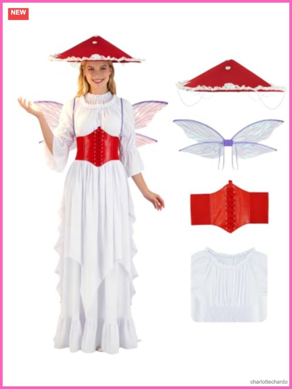 Mushroom Fairy Costume Elf Cosplay Ruffle Dress Hat Wings